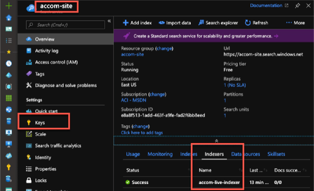 Azure Search instance details Azure Search instance details