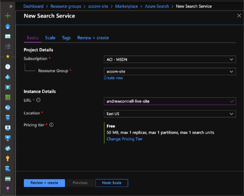 Create new Azure Search resource Create new Azure Search resource